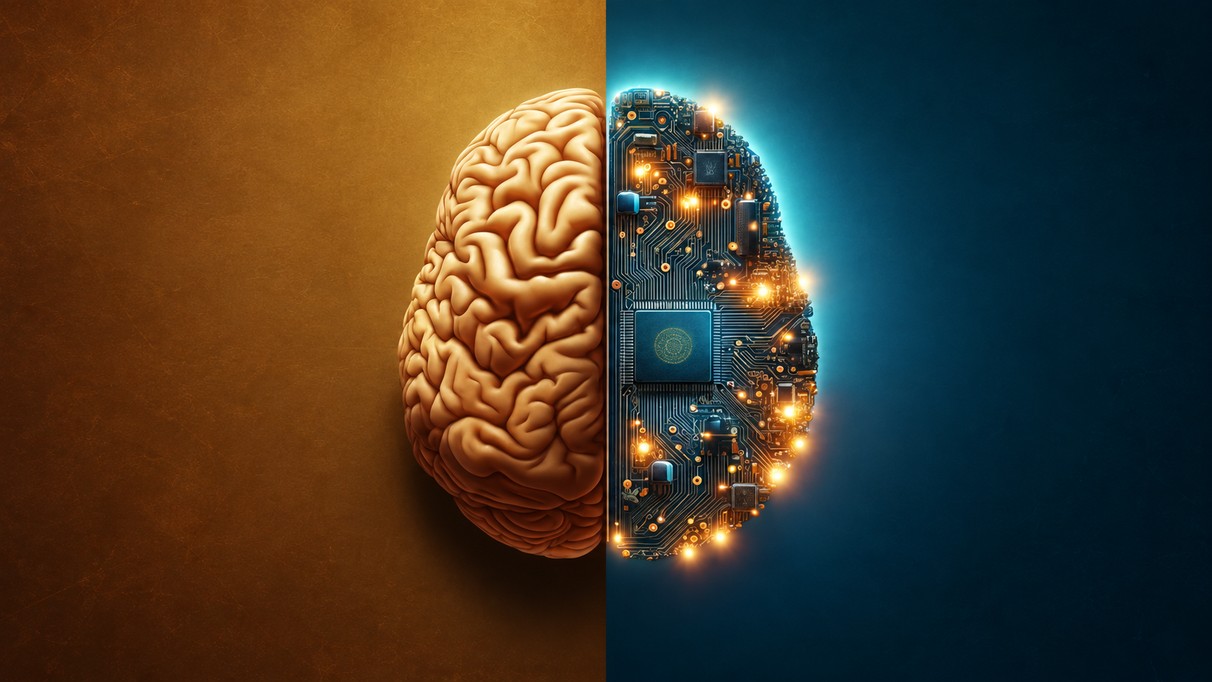 An organic brain fused with a circuit board: the voice layer and the reasoning model as two products.